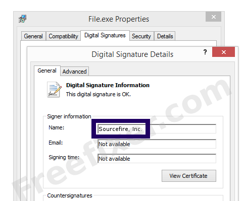 Screenshot of the Sourcefire, Inc. certificate